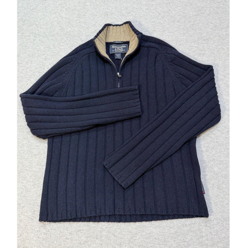Abercrombie & Fitch Mens XL Navy Blue Lambswool Ribbed Quarter Zip Sweater Y2K